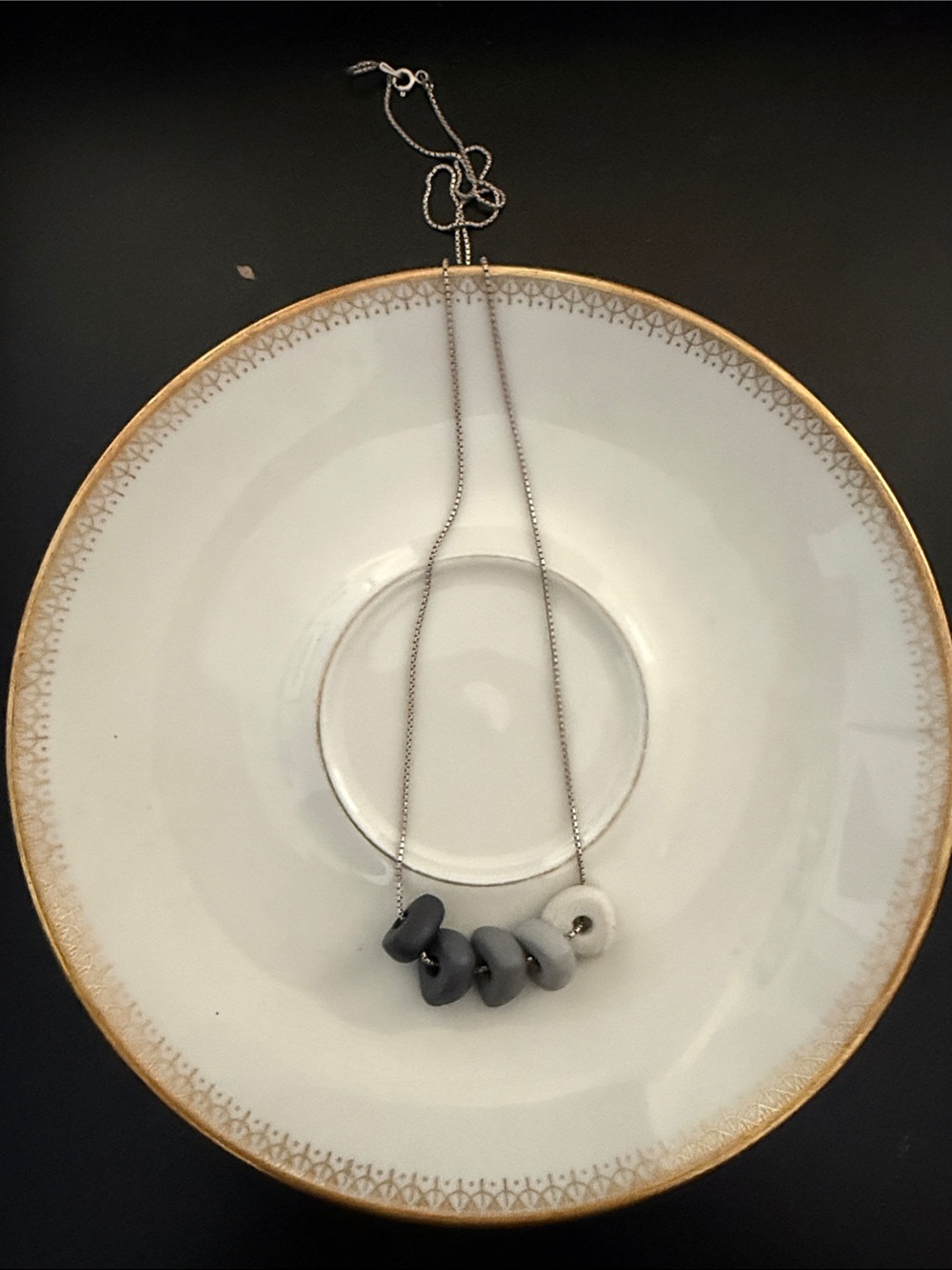 Silver Necklace with Gray and White clay beads - 20 inches